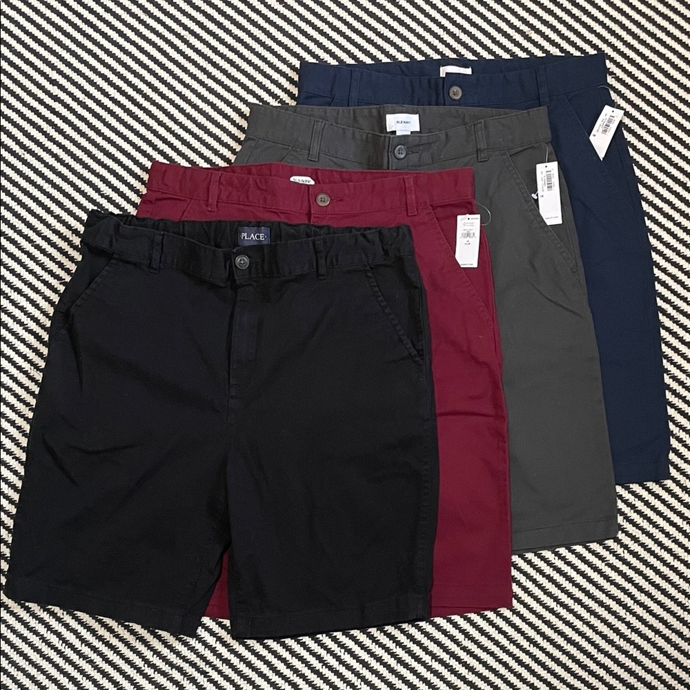 Lot of 4 NWT Old Navy(maroon, grey, navy) & Place(black) Kids Flat Front Shorts